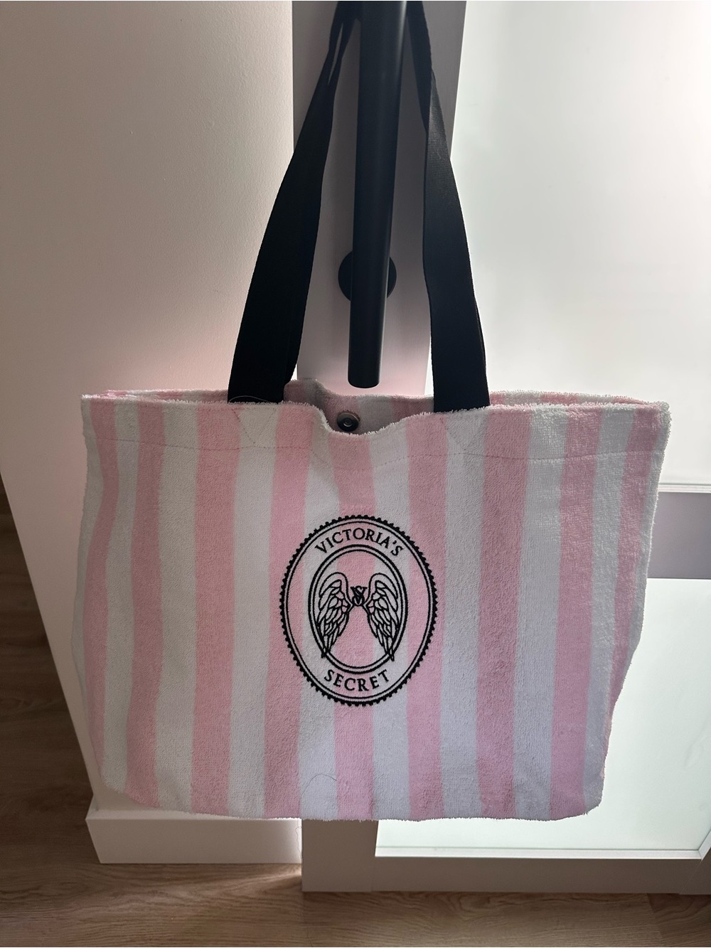 Victoria's Secret Pink and White Striped Tote with Black Handles